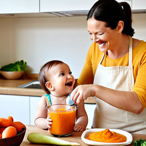 Home 13 **Image Prompt for Baby Food Preparation**: "A cozy kitchen scene where a parent is preparing smooth carrot and potato puree for their baby. The countertop is filled with fresh vegetables, a steaming pot, and a blender. The parent is smiling, showcasing the joy of introducing solid foods to their child."