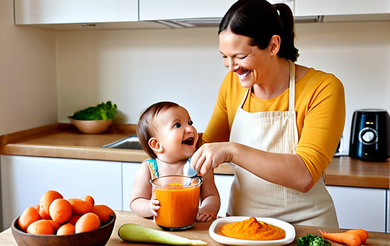 **Image Prompt for Baby Food Preparation**: "A cozy kitchen scene where a parent is preparing smooth carrot and potato puree for their baby. The countertop is filled with fresh vegetables, a steaming pot, and a blender. The parent is smiling, showcasing the joy of introducing solid foods to their child."