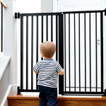 A professional-looking parent, fully clothed in modest, appropriate attire, standing confidently next to a modern, securely installed wall-mounted child safety gate at the top of a well-lit staircase in a contemporary home. A happy toddler is visible safely behind the gate, looking content. The parent's expression conveys peace of mind and reassurance, emphasizing a protected home environment. Safe for work, appropriate content, family-friendly, perfect anatomy, correct proportions, natural pose, well-formed hands, proper finger count, natural body proportions, professional photography, high quality, realistic.