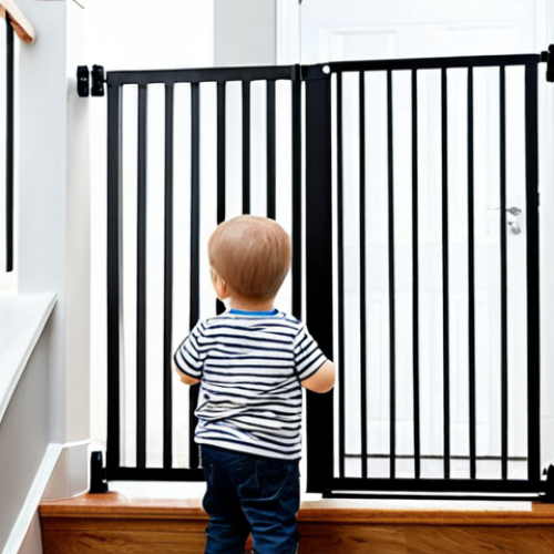 A professional-looking parent, fully clothed in modest, appropriate attire, standing confidently next to a modern, securely installed wall-mounted child safety gate at the top of a well-lit staircase in a contemporary home. A happy toddler is visible safely behind the gate, looking content. The parent's expression conveys peace of mind and reassurance, emphasizing a protected home environment. Safe for work, appropriate content, family-friendly, perfect anatomy, correct proportions, natural pose, well-formed hands, proper finger count, natural body proportions, professional photography, high quality, realistic.