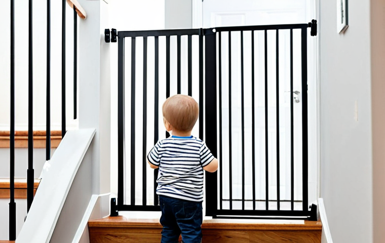 A professional-looking parent, fully clothed in modest, appropriate attire, standing confidently next to a modern, securely installed wall-mounted child safety gate at the top of a well-lit staircase in a contemporary home. A happy toddler is visible safely behind the gate, looking content. The parent's expression conveys peace of mind and reassurance, emphasizing a protected home environment. Safe for work, appropriate content, family-friendly, perfect anatomy, correct proportions, natural pose, well-formed hands, proper finger count, natural body proportions, professional photography, high quality, realistic.