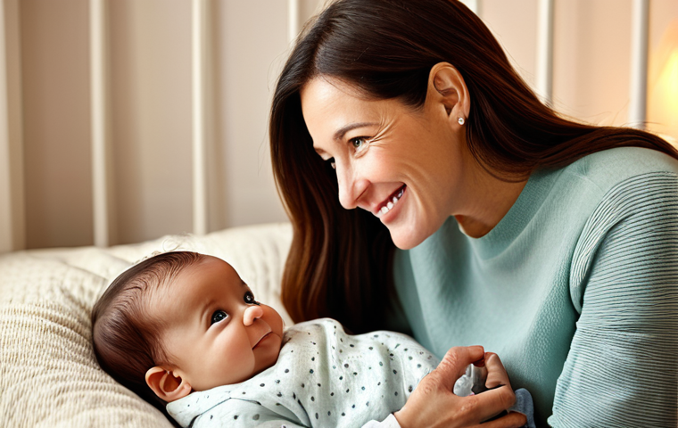 Baby and Adult Eye Contact**
"A mother and her baby making direct eye contact, the mother smiling warmly, baby looking curious, cozy nursery in the background with soft lighting, safe for work, appropriate content, fully clothed, modest attire, perfect anatomy, correct proportions, natural pose, family-friendly."
**