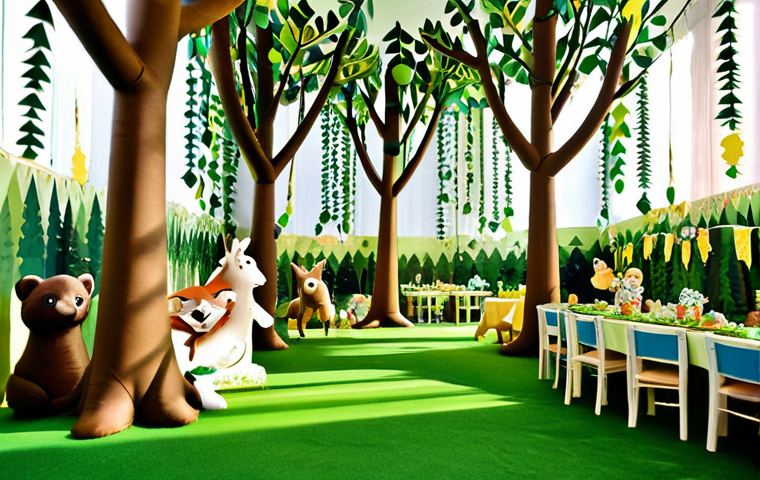 아기 생일파티 아이디어 - Enchanted Forest Theme**
"A beautifully decorated party space for a baby's first birthday, featurin...
