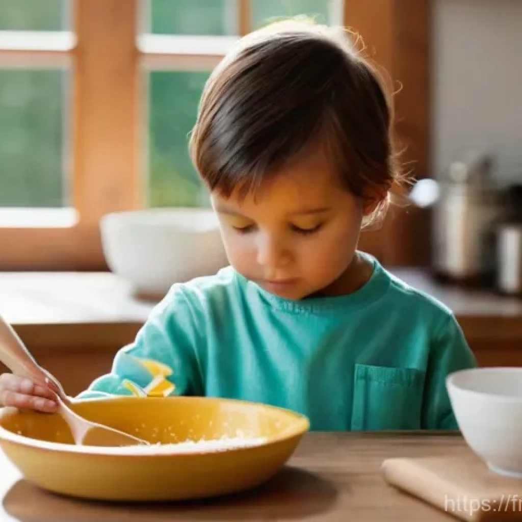 아기와 소근육 발달 놀이 - **Prompt:** A bright and airy kitchen setting, with a toddler around 18-24 months old, wearing a cle...