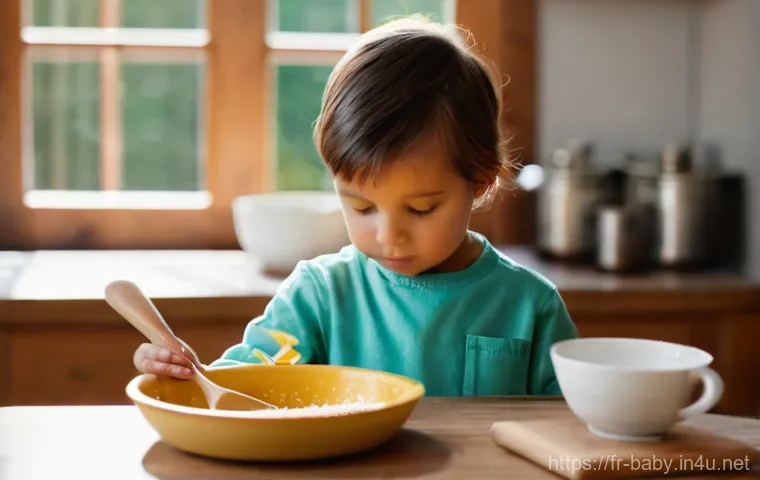아기와 소근육 발달 놀이 - **Prompt:** A bright and airy kitchen setting, with a toddler around 18-24 months old, wearing a cle...