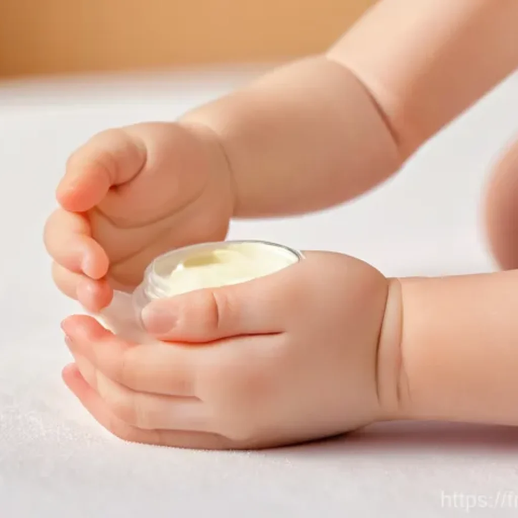아기 아토피 관리법 - **Prompt 1: Gentle Application of Emollient for Baby with Eczema**
    "A close-up, warm-toned photo...