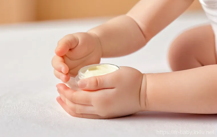 아기 아토피 관리법 - **Prompt 1: Gentle Application of Emollient for Baby with Eczema**
"A close-up, warm-toned photo...