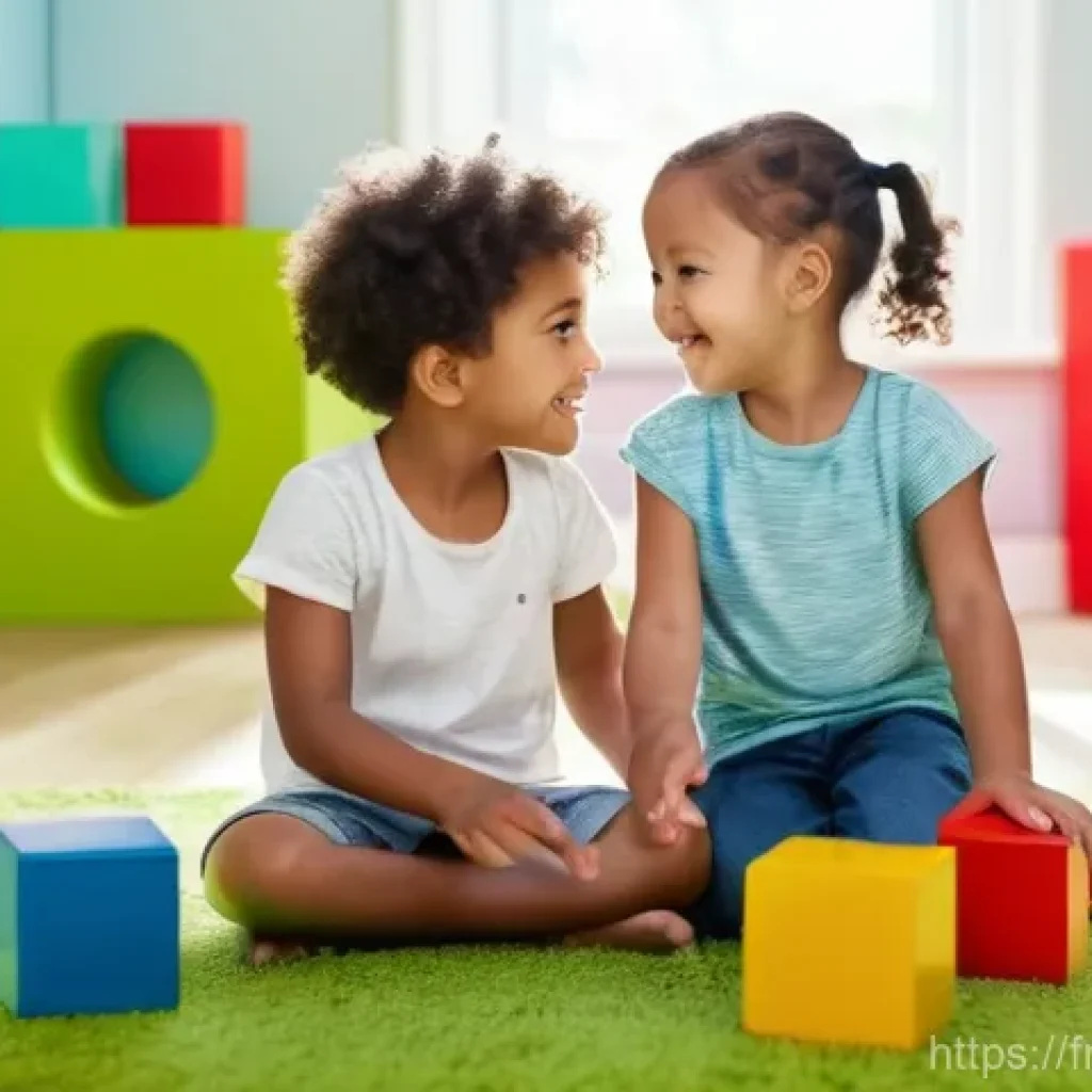 유아기 사회성 발달 활동 - A boy and a girl, both around 4-5 years old, are sitting on a vibrant green carpet in a sunlit playr...