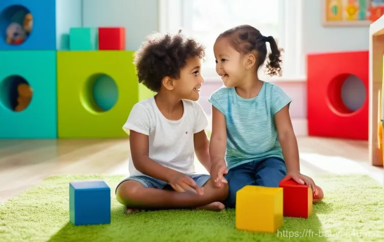 유아기 사회성 발달 활동 - A boy and a girl, both around 4-5 years old, are sitting on a vibrant green carpet in a sunlit playr...