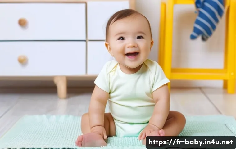치발기 사용법 - **Prompt:** A cheerful baby around 6-9 months old, with rosy cheeks and a happy expression, is sitti...
