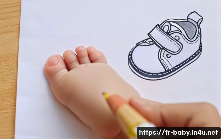 아기 신발 사이즈 측정법 - **Prompt:** A close-up shot of a caring parent gently holding their baby's foot on a piece of white ...