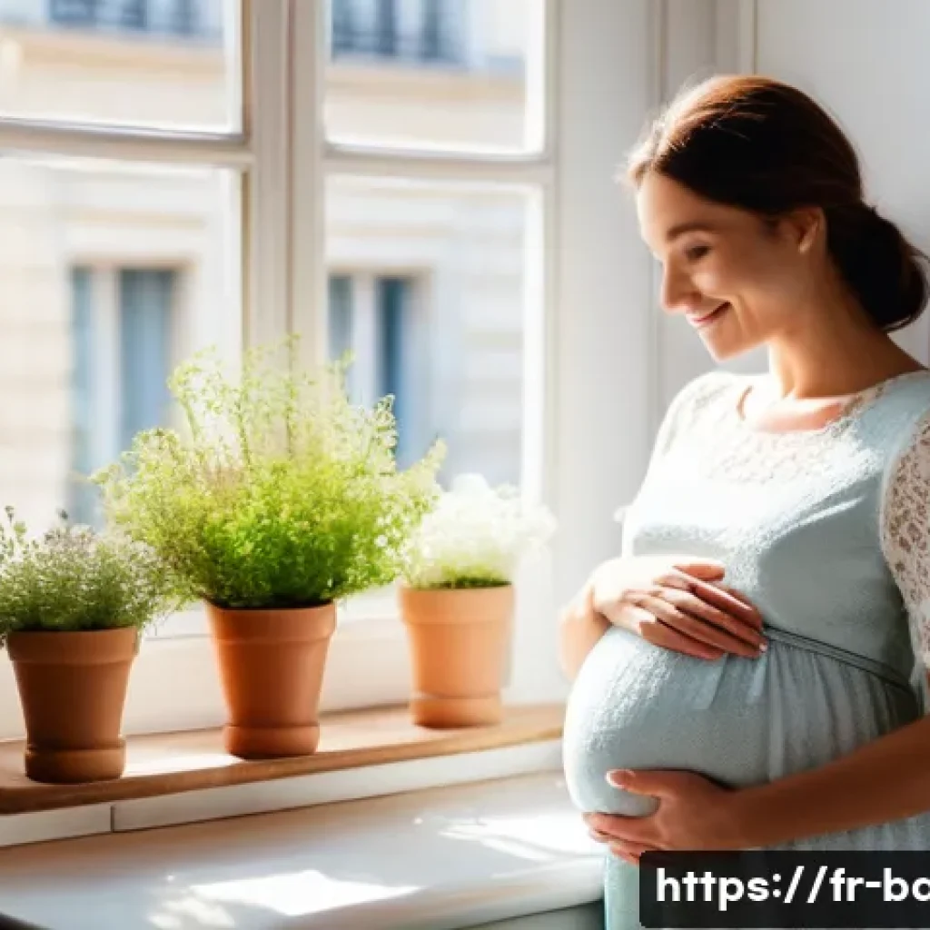 임신 중 커피 섭취 - A serene and warm scene of a pregnant French woman sitting comfortably in a cozy Parisian kitchen, h...