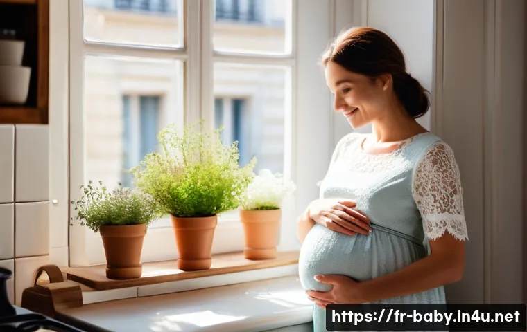 임신 중 커피 섭취 - A serene and warm scene of a pregnant French woman sitting comfortably in a cozy Parisian kitchen, h...