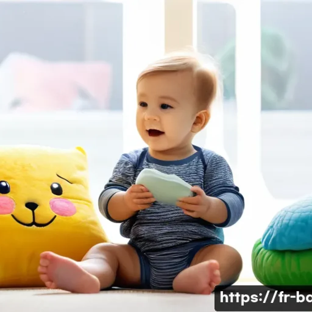 아기와 감정 조절 놀이 - A cozy indoor play corner designed for a toddler wearing a diaper, filled with soft cushions, colorf...