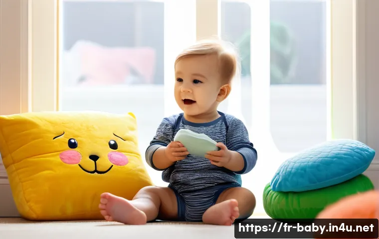 아기와 감정 조절 놀이 - A cozy indoor play corner designed for a toddler wearing a diaper, filled with soft cushions, colorf...