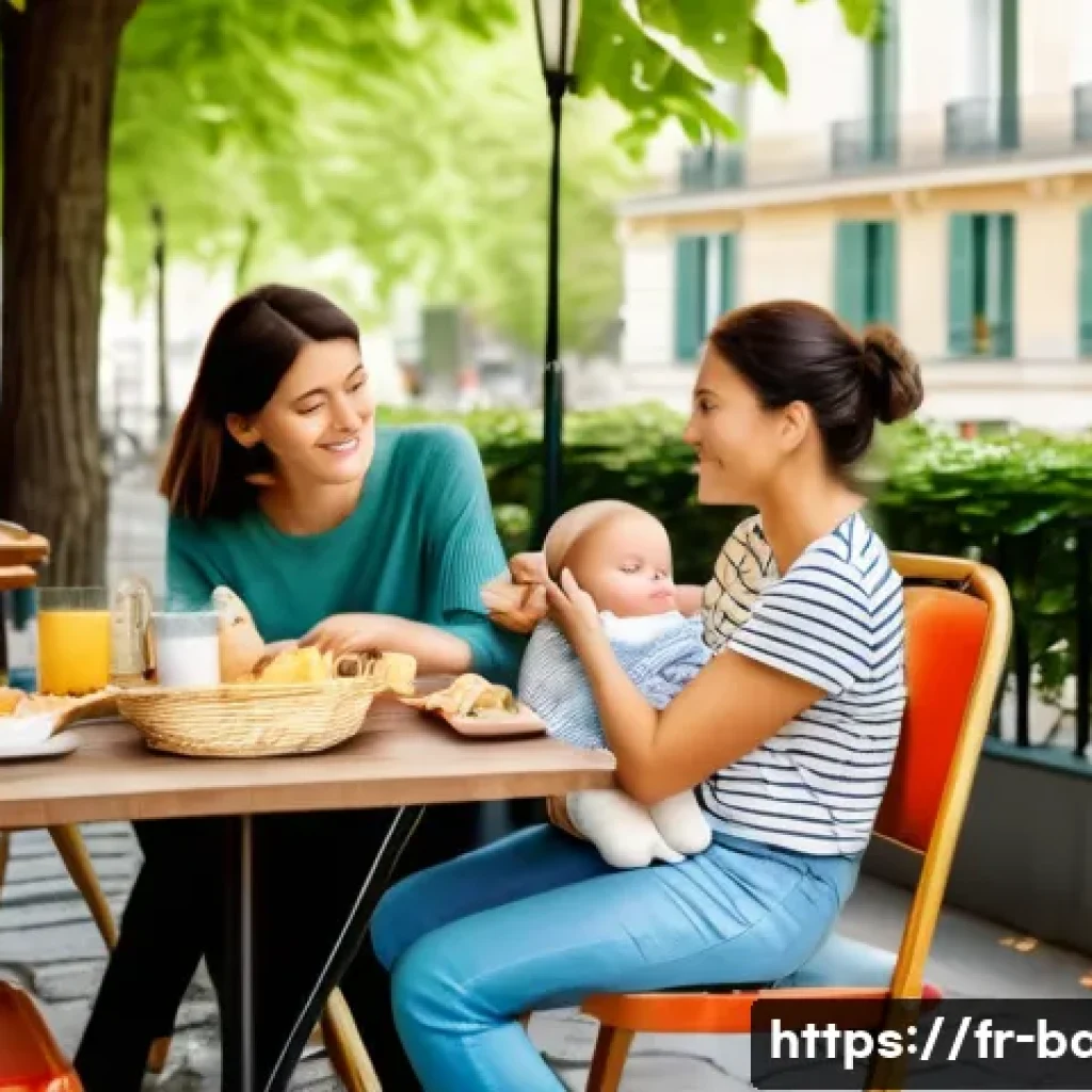 아기와 외식 꿀팁 - A cozy family restaurant terrace in a quiet Parisian neighborhood during early afternoon, a young mo...