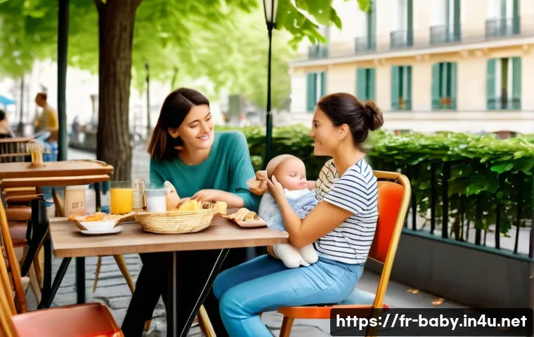 아기와 외식 꿀팁 - A cozy family restaurant terrace in a quiet Parisian neighborhood during early afternoon, a young mo...