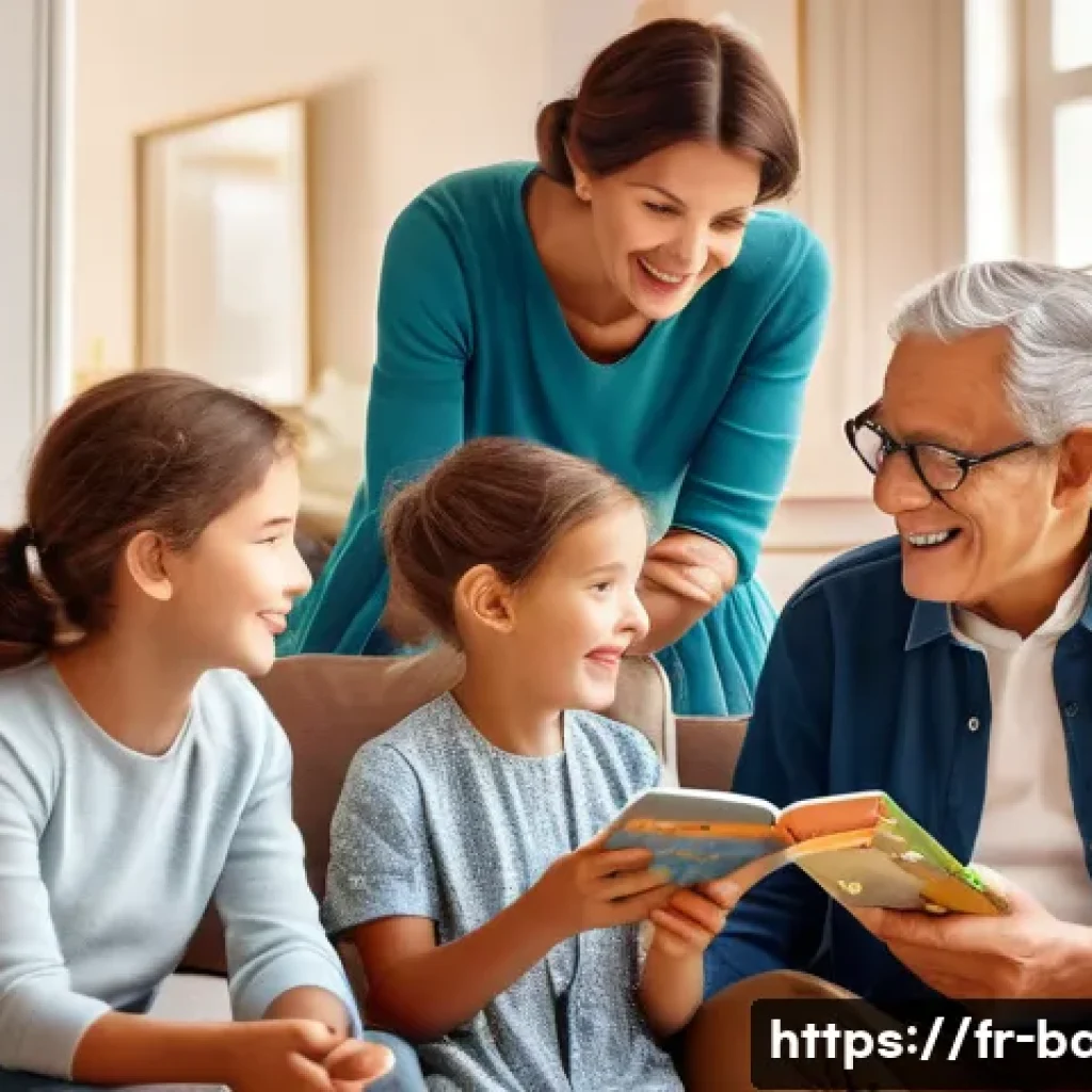 아기와 조부모 육아 스타일 조정 - A warm, multi-generational family scene in a cozy French living room, featuring grandparents and par...
