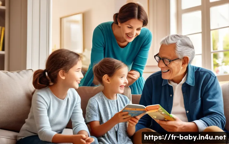 아기와 조부모 육아 스타일 조정 - A warm, multi-generational family scene in a cozy French living room, featuring grandparents and par...