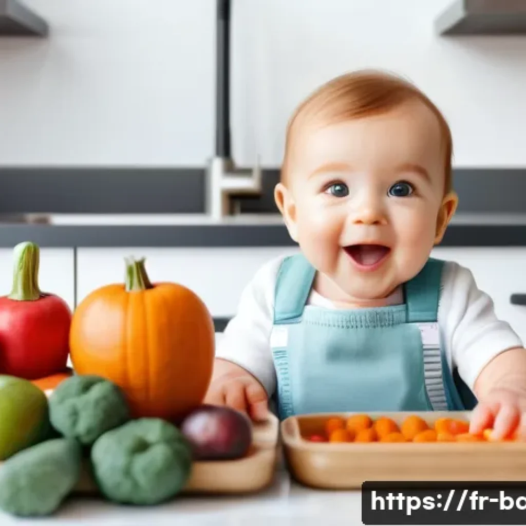 아기와 고체 이유식 시작 - A cozy, bright kitchen scene featuring a happy baby sitting in a modern high chair wearing a cute di...
