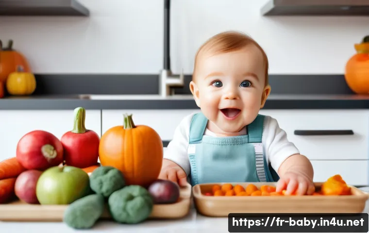 아기와 고체 이유식 시작 - A cozy, bright kitchen scene featuring a happy baby sitting in a modern high chair wearing a cute di...