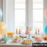 아기 돌잔치 준비 - A cozy indoor birthday party scene for a toddler&rsquo;s first birthday in a modestly sized living room de...
