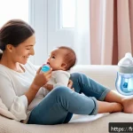 분유 수유 방법 - A cozy and softly lit nursery corner featuring a comfortable armchair for a parent, holding a baby w...