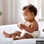 아기 보습크림 바르는 법 - A gentle and cozy scene of a baby with sensitive skin sitting in a softly lit nursery, wearing a cle...