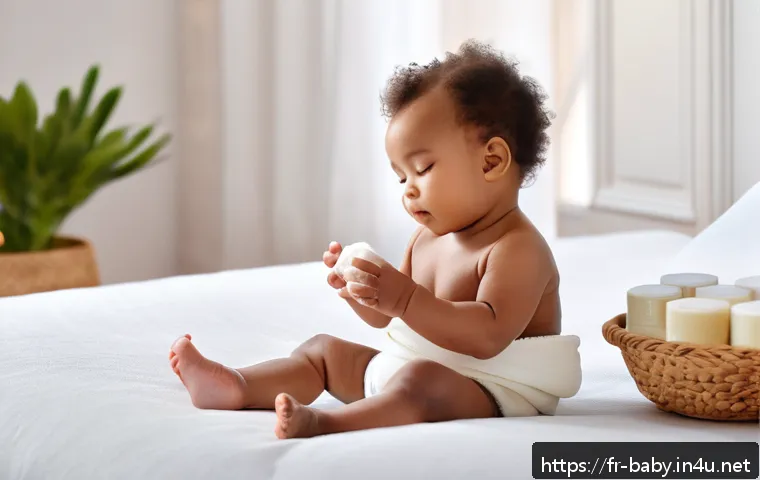 아기 보습크림 바르는 법 - A gentle and cozy scene of a baby with sensitive skin sitting in a softly lit nursery, wearing a cle...