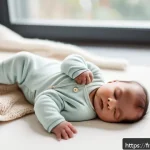 아기 침대 매트리스 선택 - A cozy nursery scene featuring a baby peacefully sleeping on a natural latex mattress covered with a...