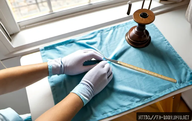 아기 손싸개 만드는 방법 - Photorealistic overhead view of a bright French apartment sewing table, adult hands carefully cuttin...