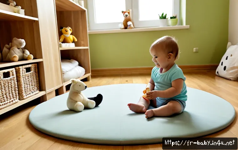 Home 17 아기와 놀이방 꾸미기 - Photorealistic bright playroom in a cozy French apartment, a smiling parent arranging soft wooden bl...