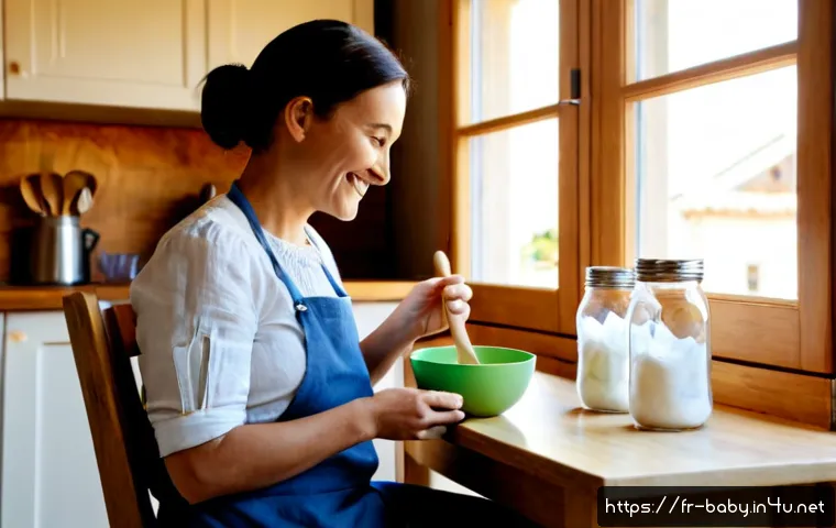 아기와 친환경 용품 활용 - Photorealistic sunlit French family kitchen, a smiling parent in casual linen clothing gently feedin...